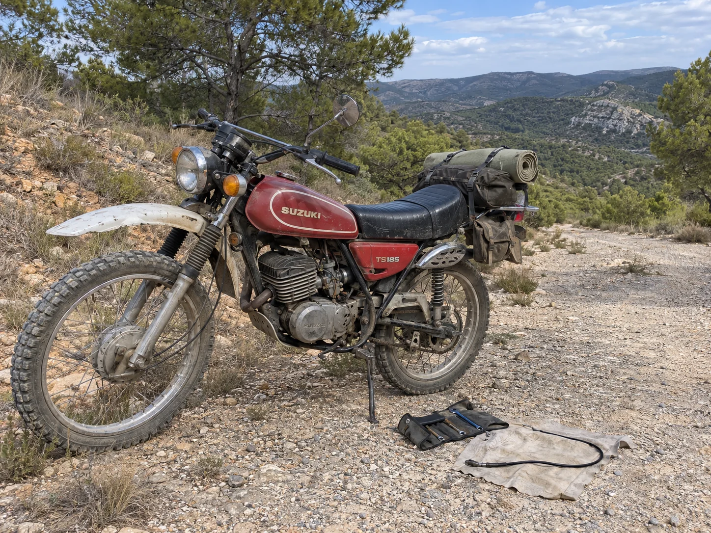 A weathered red Suzuki TS185 with camping luggage, tools and a detached cable beside a dusty trail in Spain.