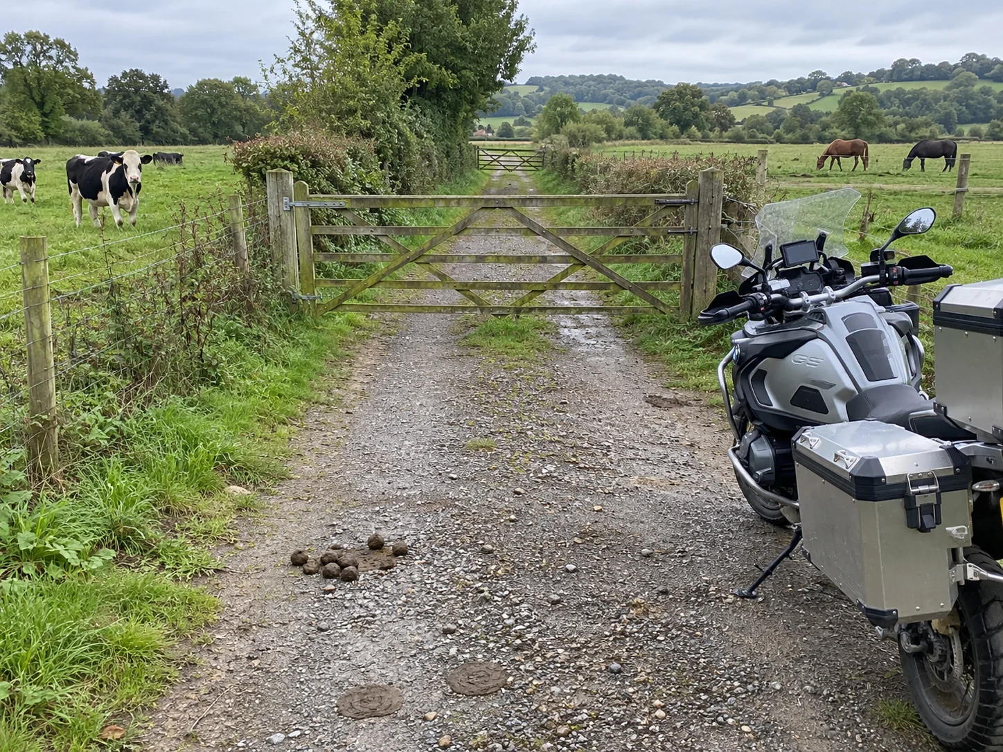 An ordinary farm gate, grazing livestock and a few droppings on a gravel track