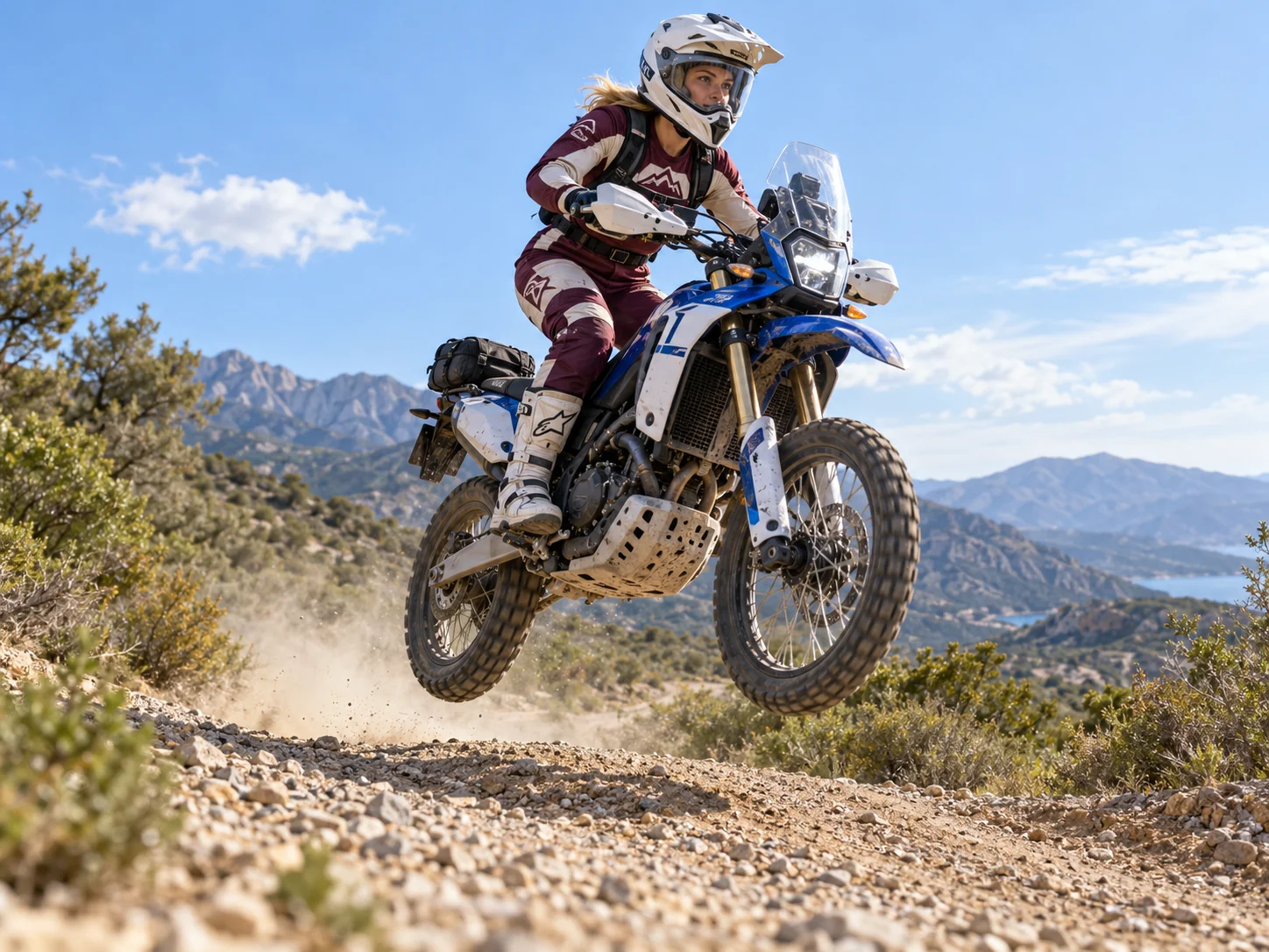 A fictional rider jumping a small bump on a blue rally bike