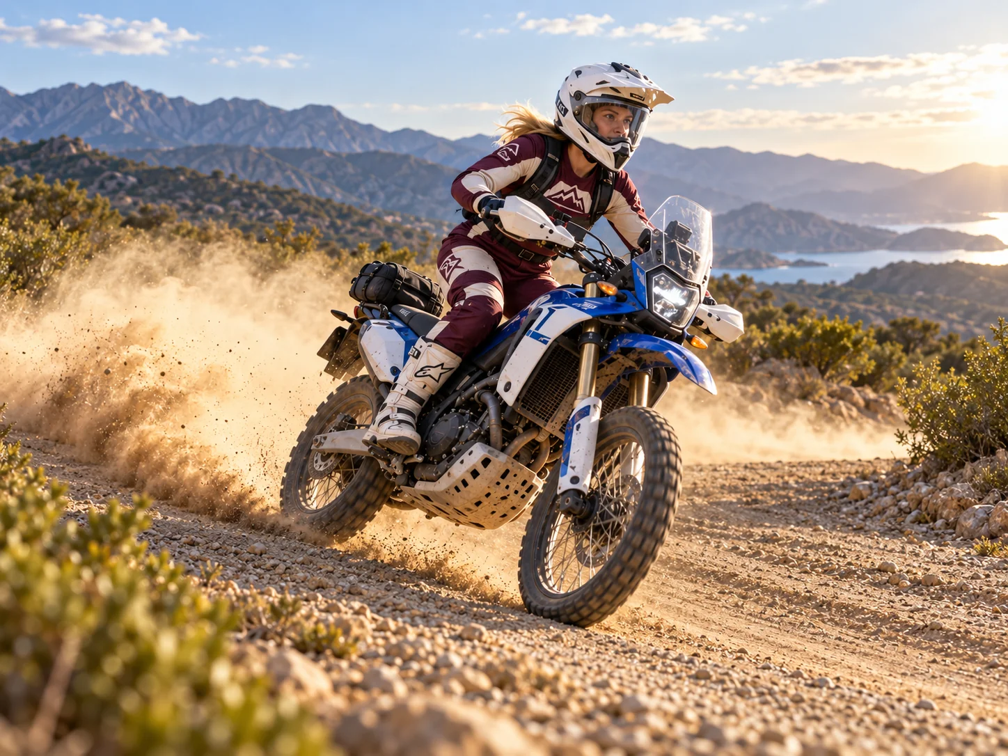 The same rider rounding a gravel corner in a cloud of dust