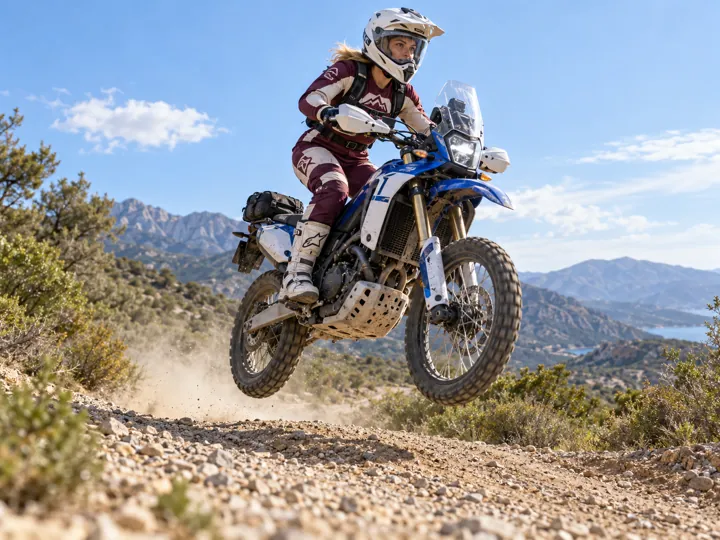 A fictional rider jumping a small bump on a blue rally bike